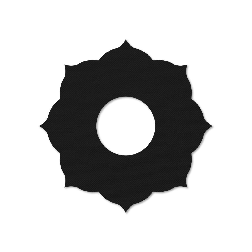 Anello di fissaggio nero con bordo ondulato e foro centrale. Superficie simile al tessuto.