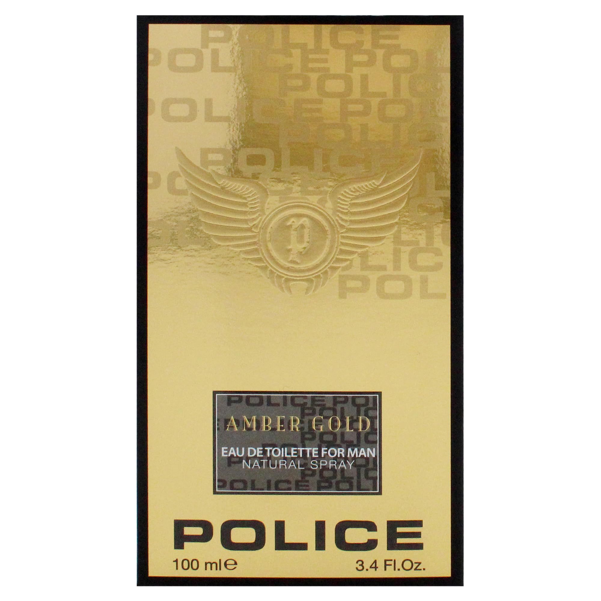 Confezione dorata con logo e scritta. Cornice nera. Testo: Amber Gold, Eau de Toilette per uomo.