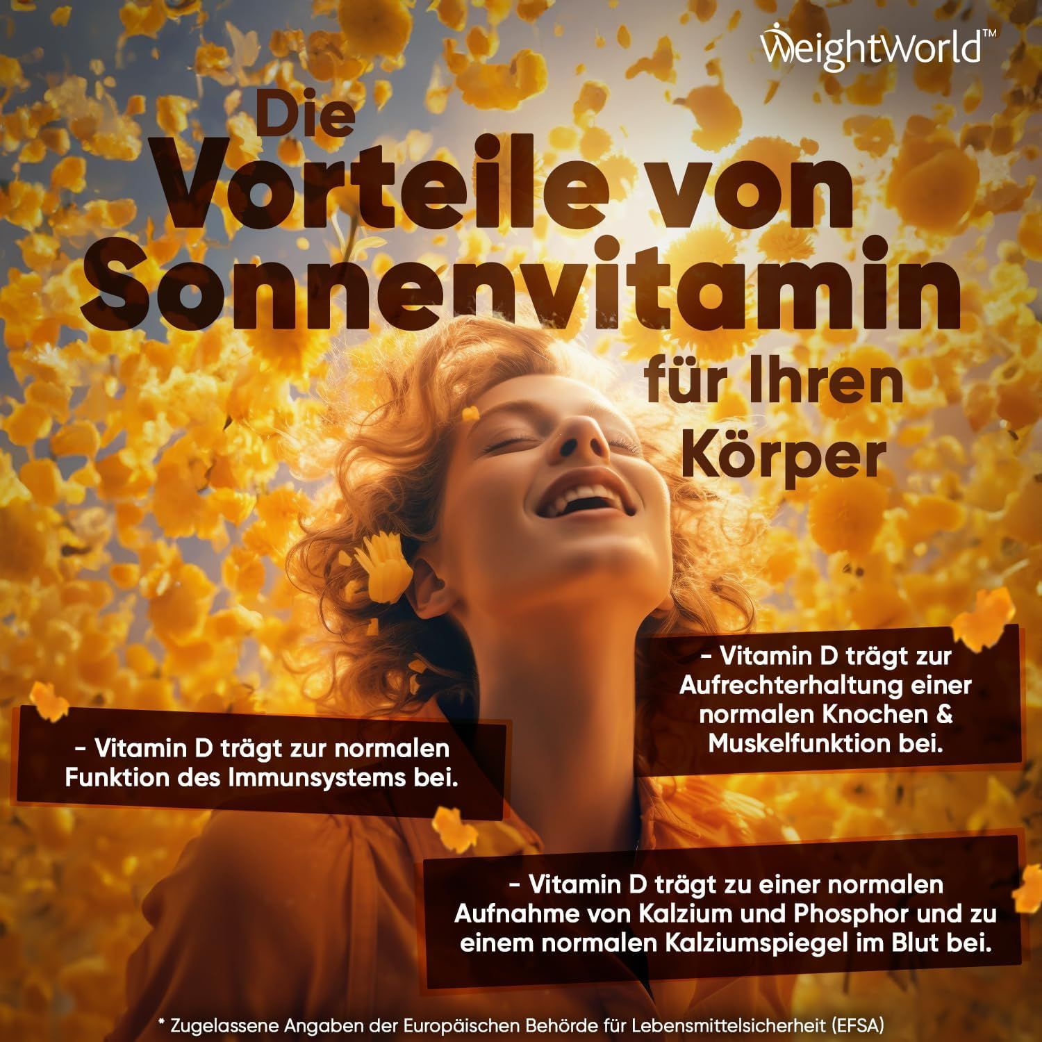 Immagine pubblicitaria con donna al sole. Testo: Vantaggi della vitamina D per il tuo corpo. Vitamina D per immunità e ossa.