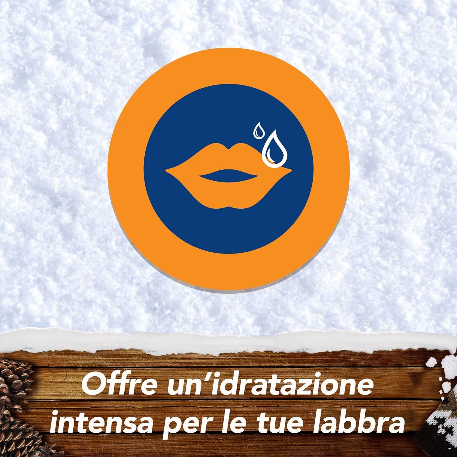 Simbolo con labbra e gocce d'acqua. Testo: Offre un'idratazione intensa per le tue labbra.