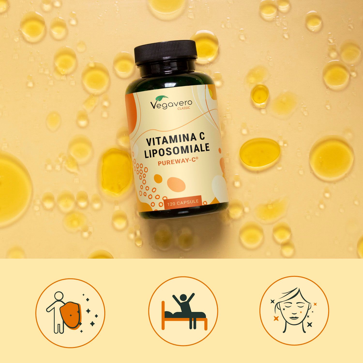 Flacone di Vitamin C Liposomiale su sfondo giallo con gocce d'olio e icone: sistema immunitario, sonno, pelle.