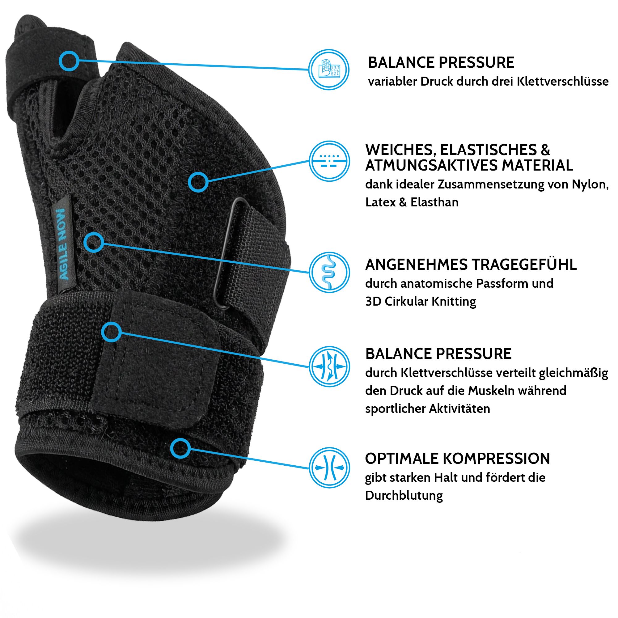 Tutore per pollice nero con chiusure in velcro e tessuto a rete. Scritta: AGILE NOW. Caratteristiche del prodotto evidenziate.