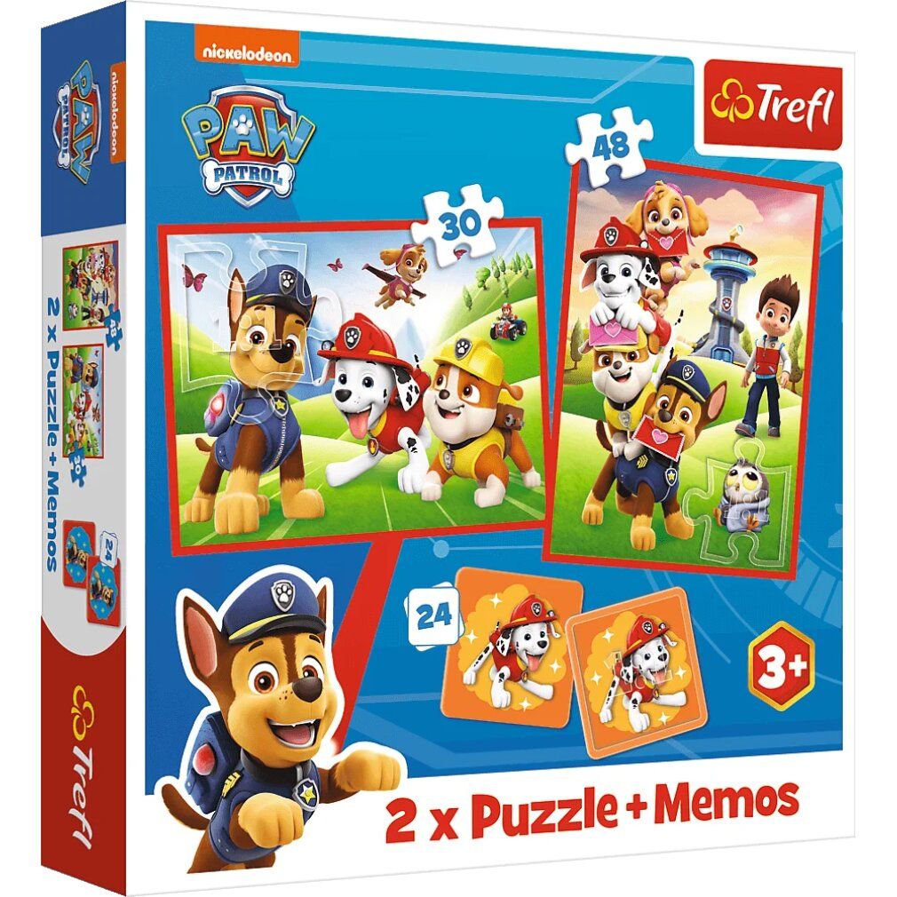 Confezione del set Trefl 3in1. Contiene puzzle e gioco di memoria. Design Paw Patrol. Contiene 2 puzzle e gioco di memoria.