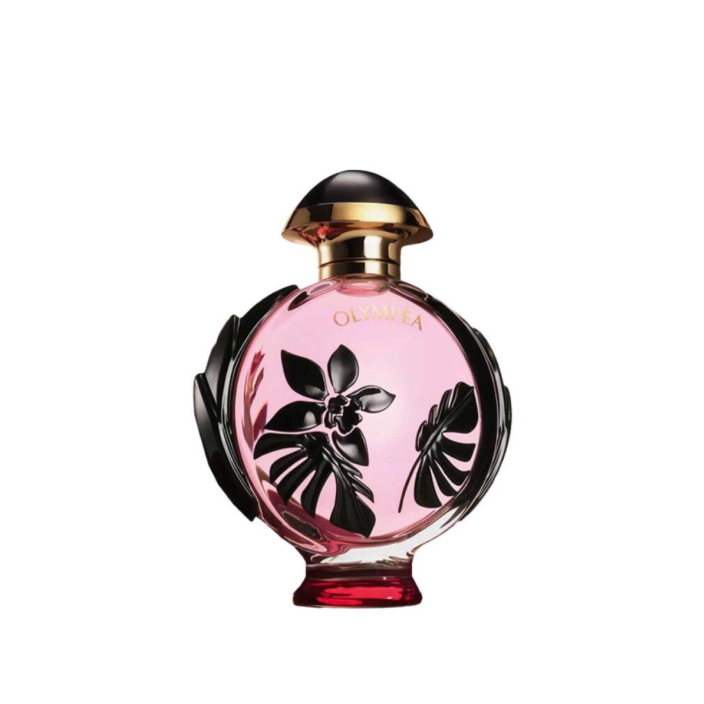 Flacone rotondo rosa con decorazioni nere e tappo dorato. Base rossa.