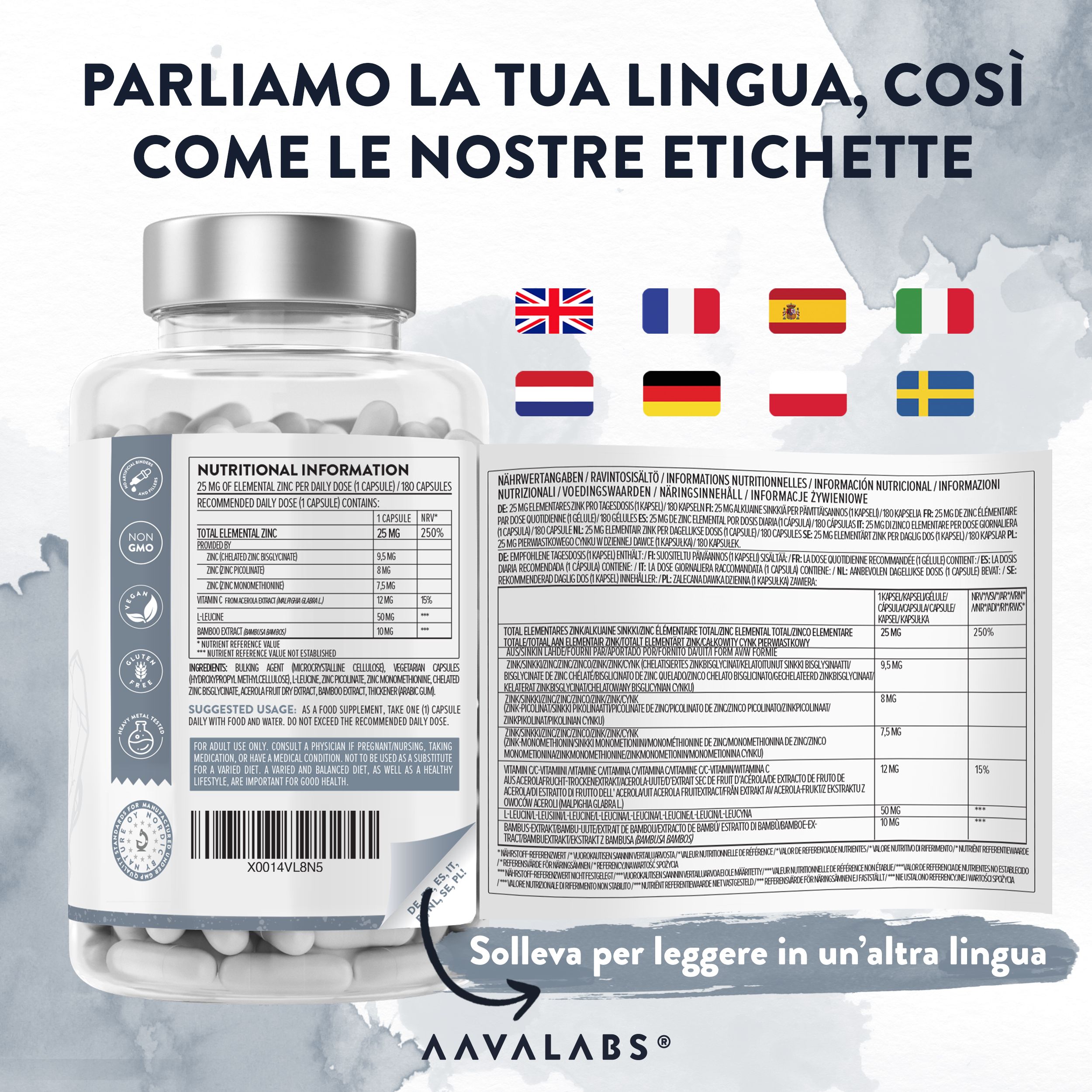 Flacone con etichetta in più lingue. Informazioni nutrizionali. Bandiere: DE, FR, ES, IT, NL, SE.