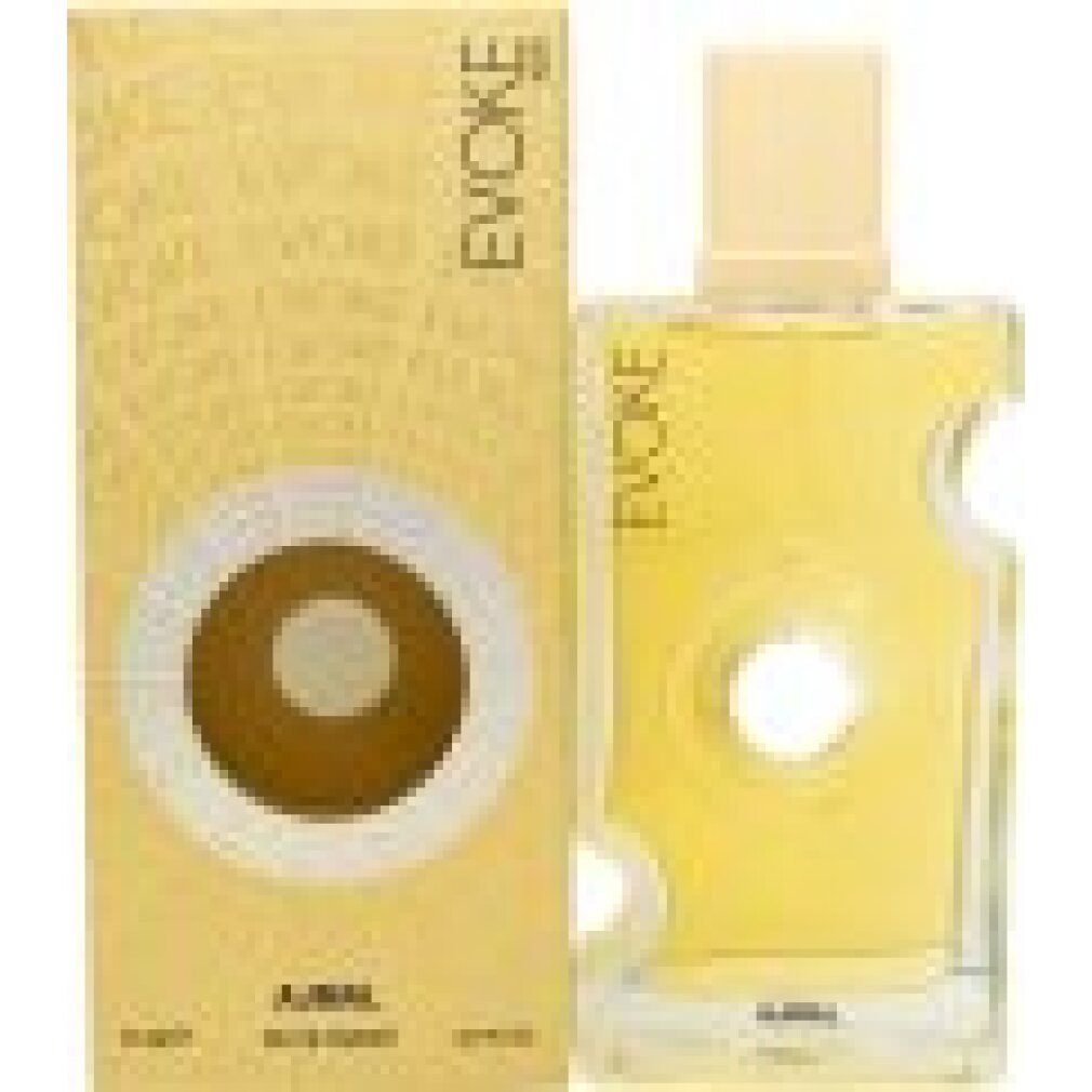 Flacone di profumo e confezione. Flacone con tappo dorato. Scritte: EVOKE e AJMAL. Confezione con foro.