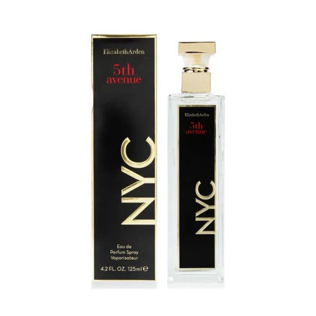 Flacone e scatola Elizabeth Arden 5th Avenue NYC. Scatola nera con scritta dorata. Flacone rettangolare con vaporizzatore.