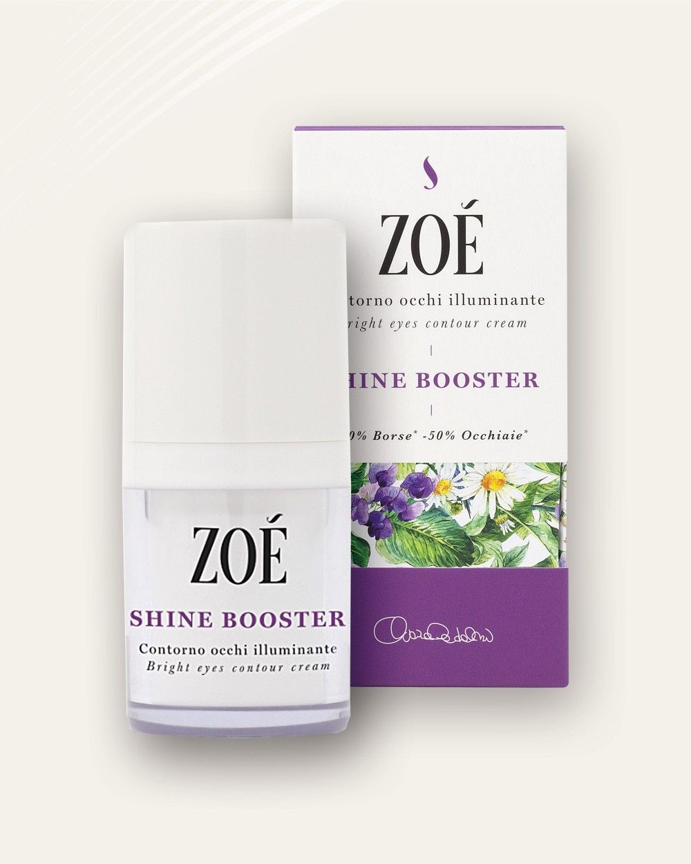 Flacone bianco con tappo e scatola. Scritta: ZOÉ, SHINE BOOSTER, Contorno occhi illuminante, Bright eyes contour cream.