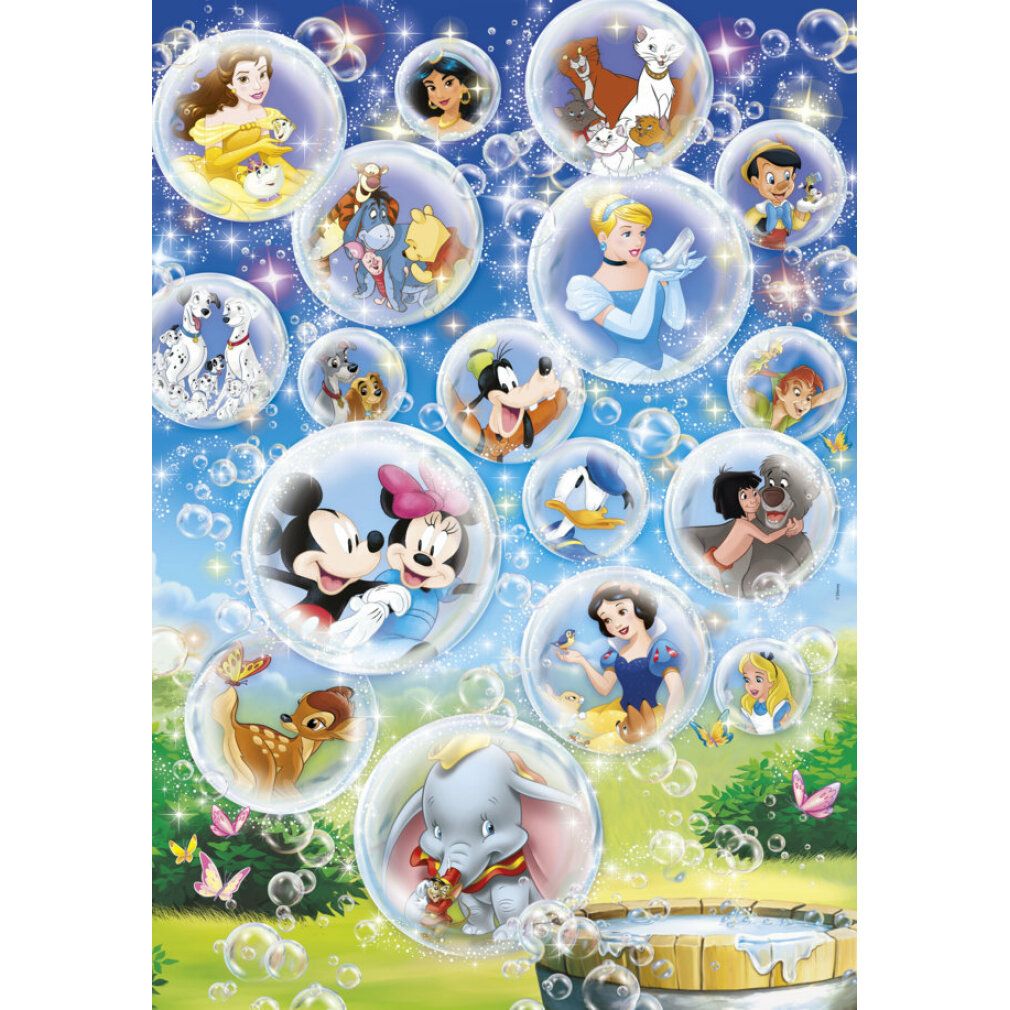 Puzzle con personaggi Disney in bolle di sapone. Personaggi: Belle, Jasmine, Cenerentola, Bambi, Dumbo, Mickey & Minnie, Paperino. 104 pezzi.