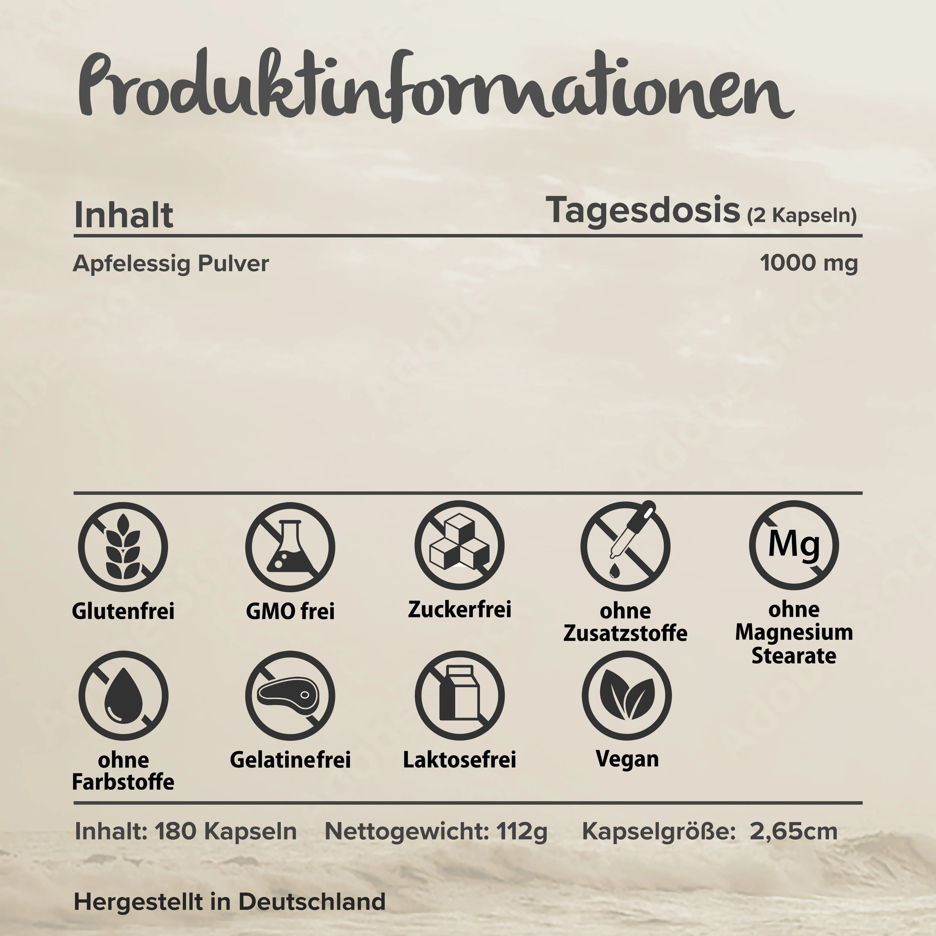 Informazioni sul prodotto. Testo con ingredienti e simboli: senza glutine, senza zucchero, vegano.