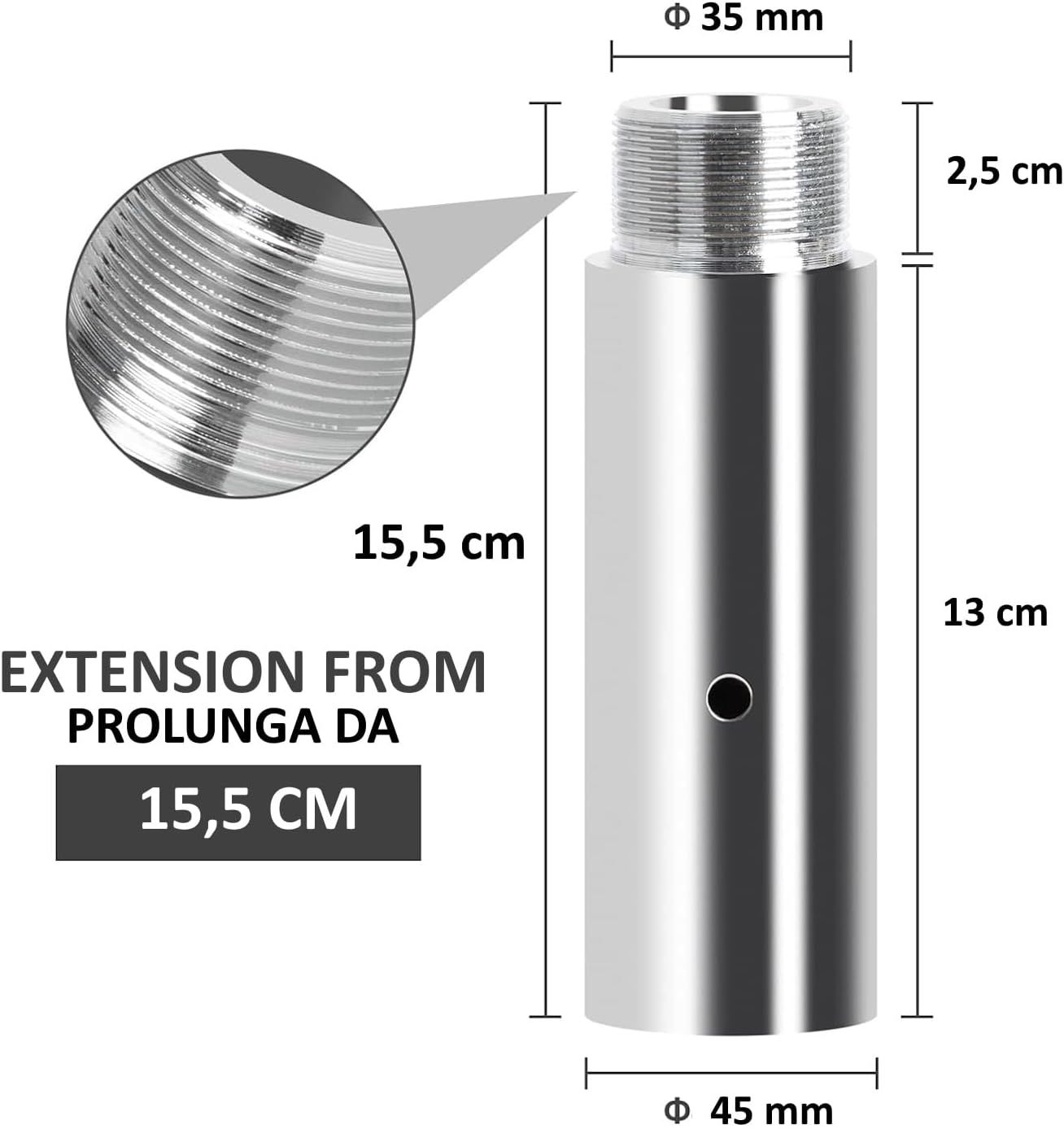 Prolunga metallica filettata, lunga 15,5 cm. Dimensioni: diametro 45 mm, lunghezza 13 cm. Scritta: 'EXTENSION FROM 15,5 CM'.