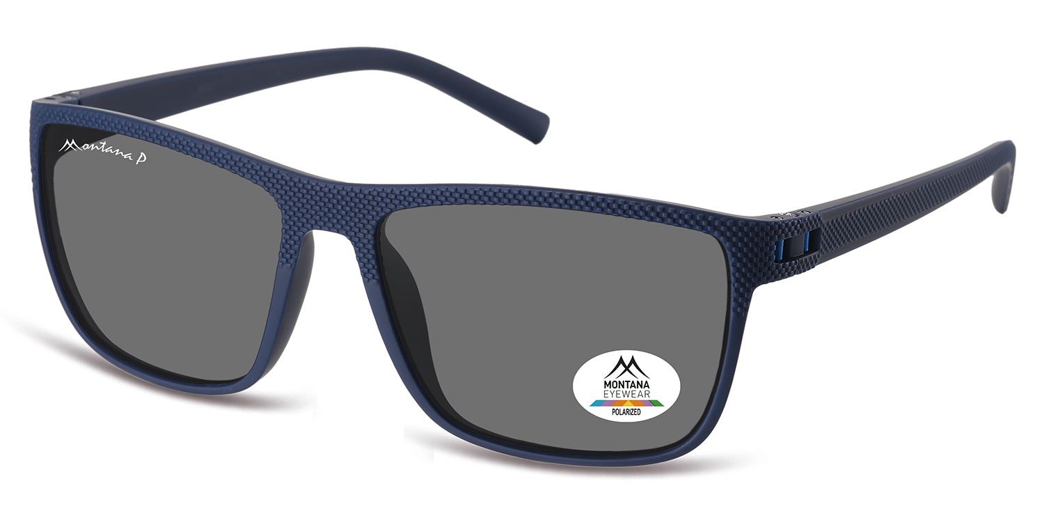 Occhiali da sole blu con lenti grigie. "Montana P" sulla stanghetta sinistra. Adesivo con logo e "Polarized" sulla lente destra.