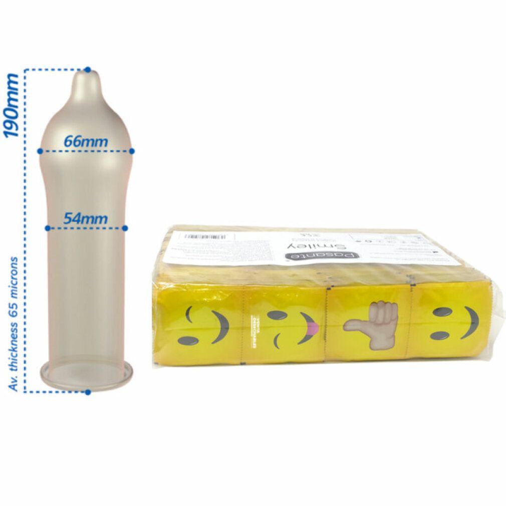 Preservativo con misure e confezione di preservativi Smiley. Preservativo trasparente, confezione gialla con faccine sorridenti.