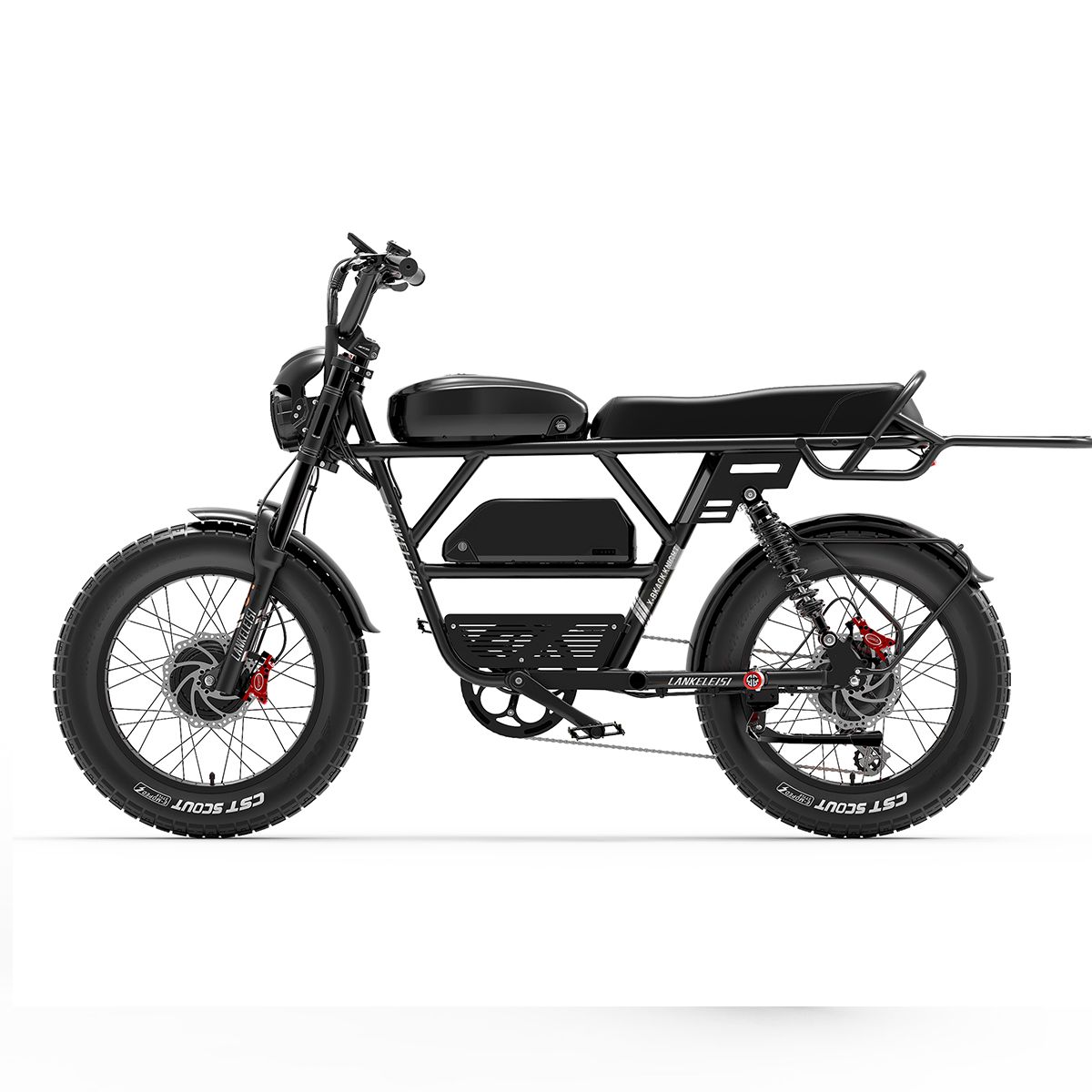 Bicicletta elettrica nera con pneumatici larghi, portapacchi e batteria. Dettagli visibili: freni a disco, pneumatici CST SCOUT.