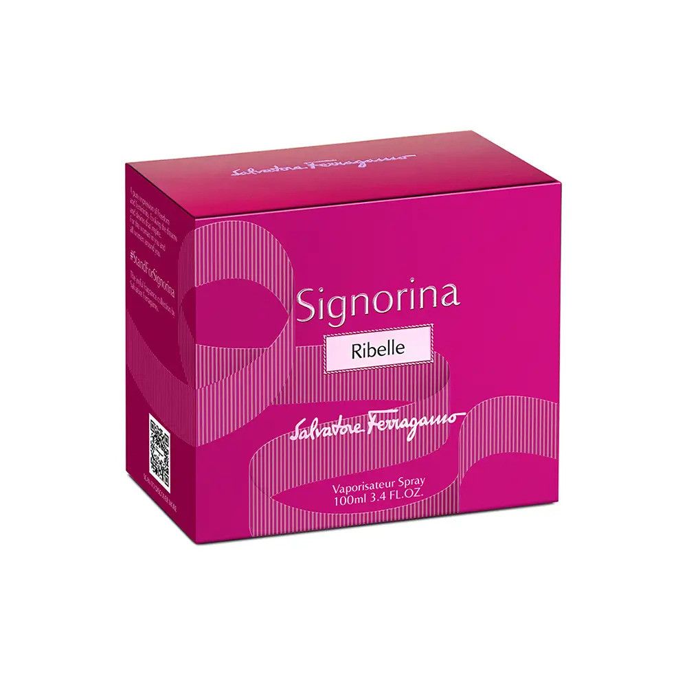 Confezione rosa con scritta Signorina Ribelle e Salvatore Ferragamo. Codice QR.