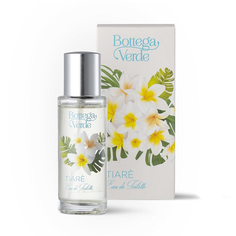 Flacone e scatola di Eau de Toilette. Scritta: Bottega Verde, Tiarè. Decorazione floreale.