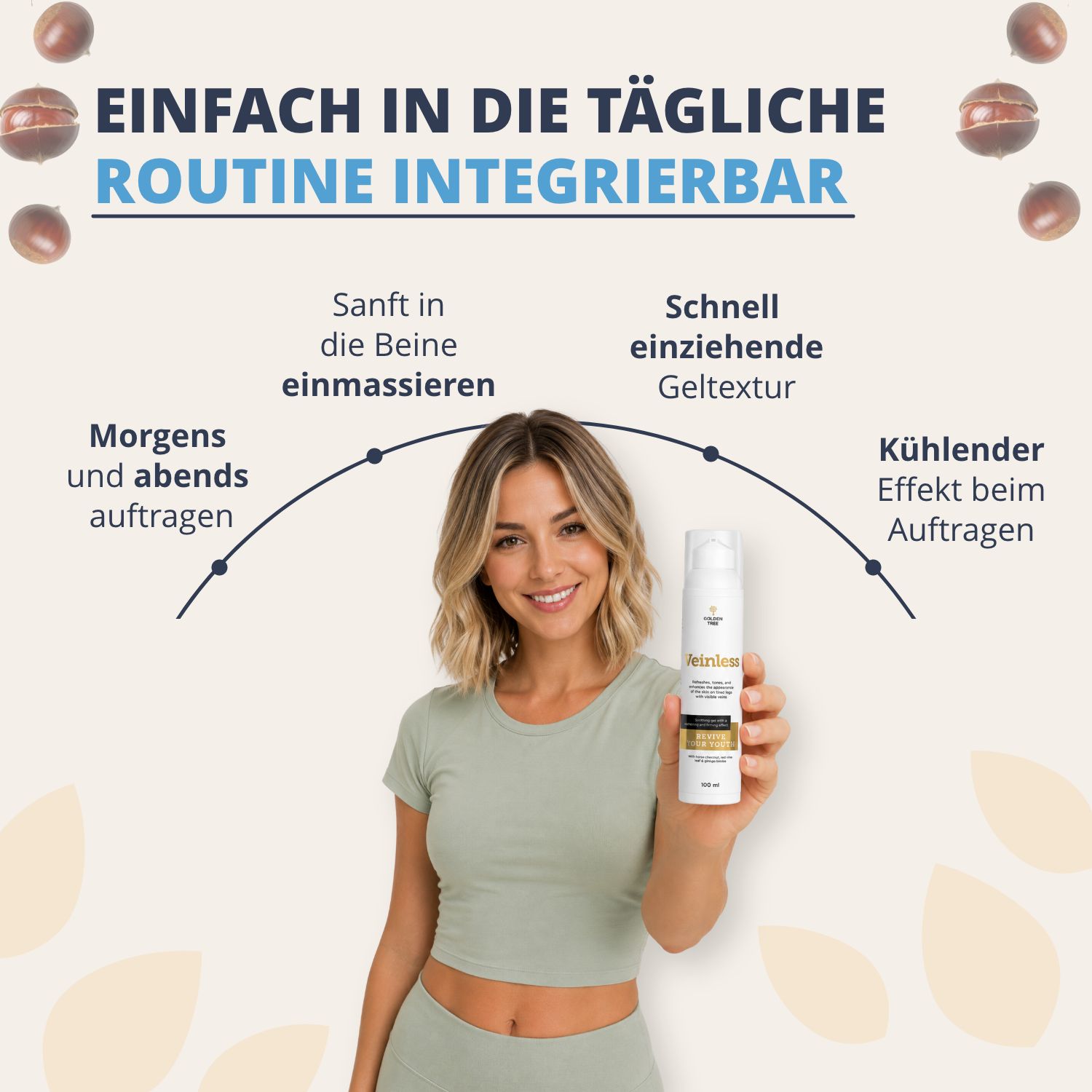 Donna tiene in mano un flacone Golden Tree Veinless, 100 ml, integrato nella routine quotidiana.