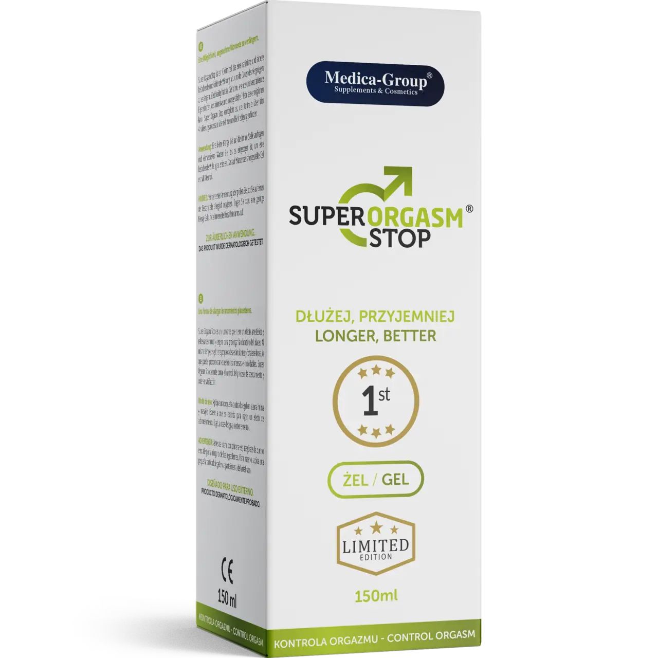 Scatola bianca con scritta: Super Orgasm Stop, Medica-Group. Edizione limitata. 150ml. Marchio CE.