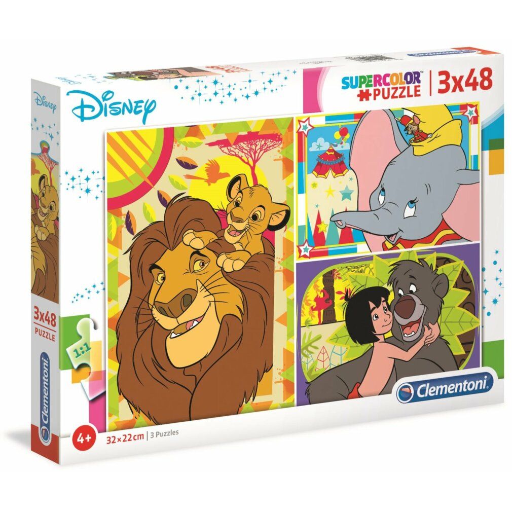 Scatola puzzle Disney. Contiene 3 puzzle da 48 pezzi ciascuno. Marca: Clementoni. Per bambini dai 4 anni in su. Dimensioni: 32x22cm.