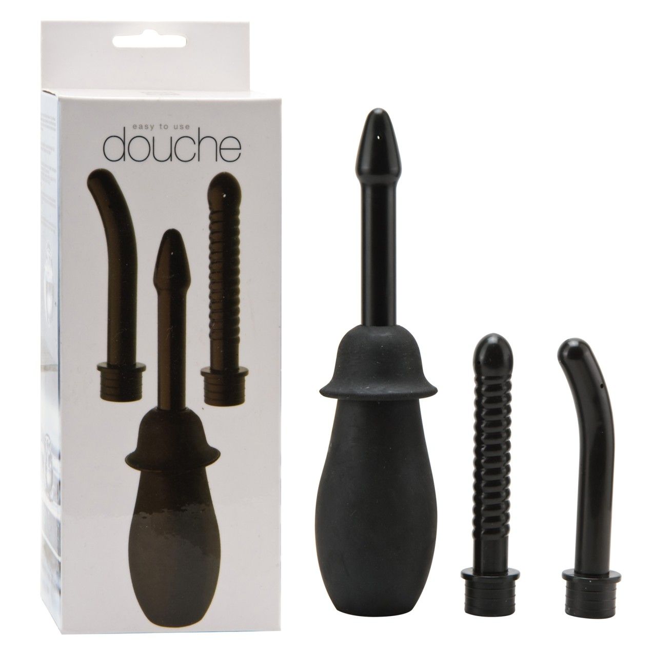 Kit doccia anale nero e la sua confezione con tre ugelli intercambiabili.