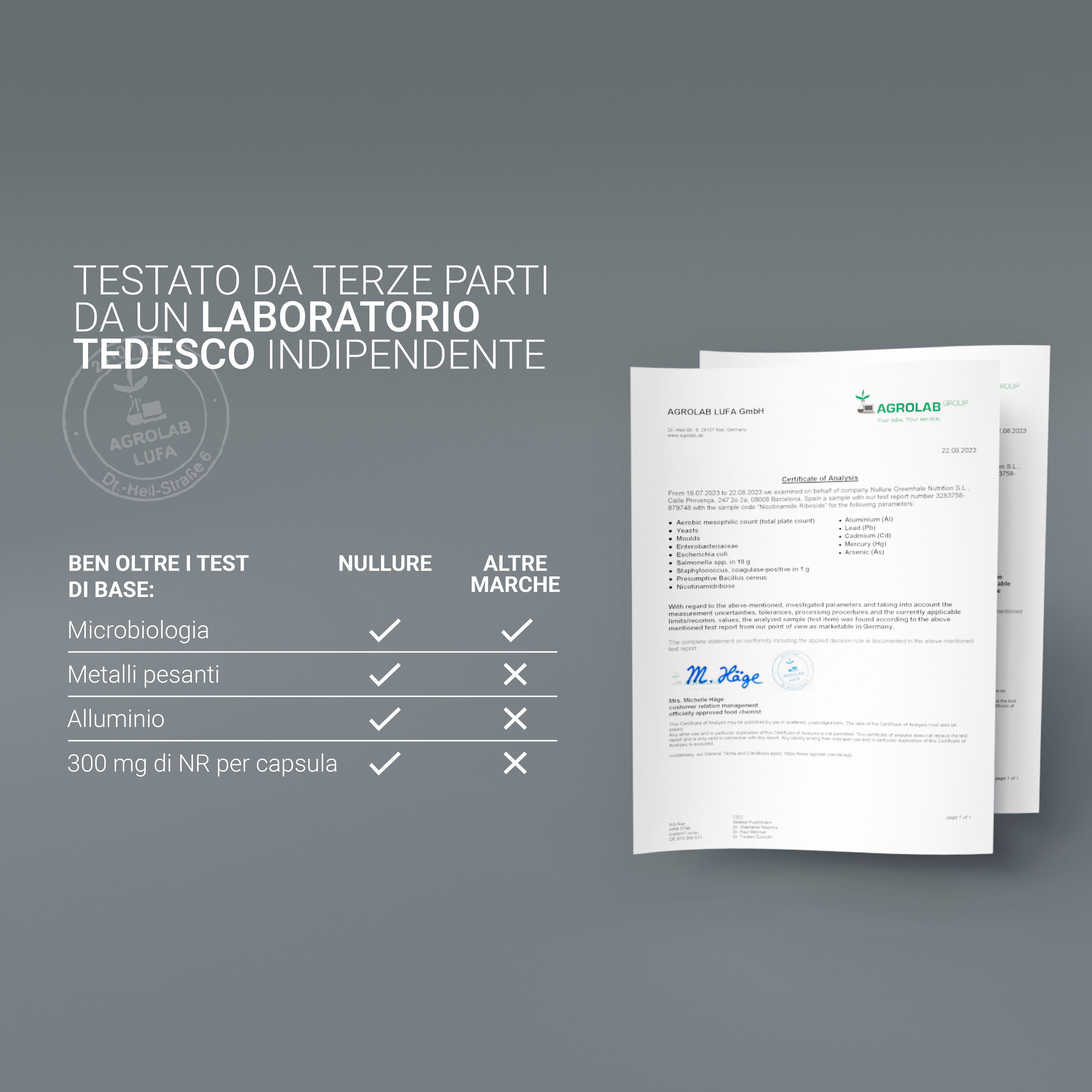 Due documenti. Testo: Testato da un laboratorio tedesco indipendente. Nullure.