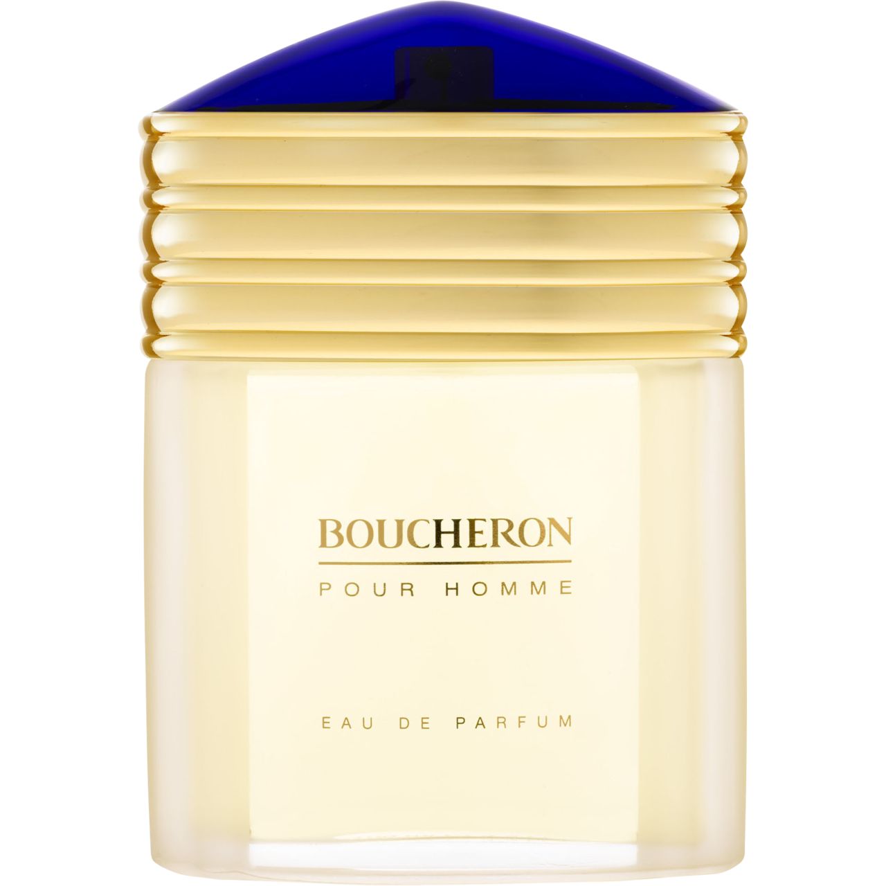 Flacone con tappo dorato e cappuccio blu. Scritta: Boucheron Pour Homme Eau de Parfum.