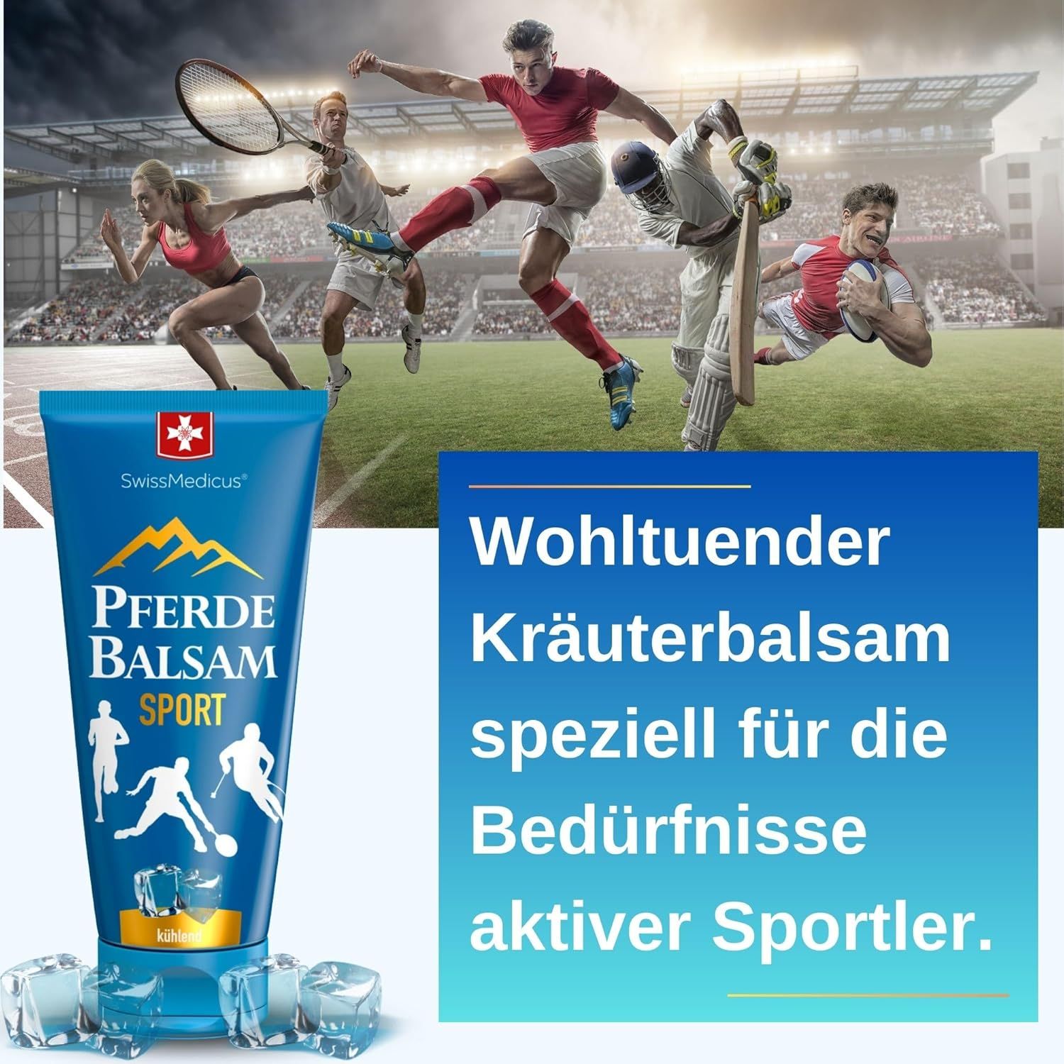 Tubo blu "Pferde Balsam Sport". Logo SwissMedicus. Atleti in azione. Cubetti di ghiaccio. Testo: Balsamo alle erbe per sportivi.