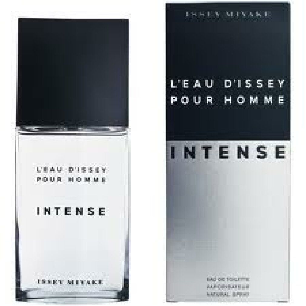 Flacone e confezione. Flacone rettangolare, bianco e nero. Scritta: L'EAU D'ISSEY POUR HOMME INTENSE. Marchio: ISSEY MIYAKE.