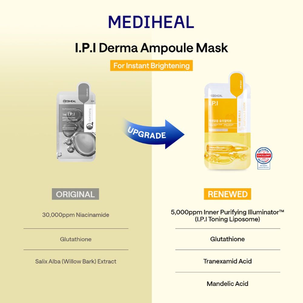 Confronto MEDIHEAL I.P.I Derma Ampoule Mask, Original e Renewed. Ingredienti e certificazione visibili.
