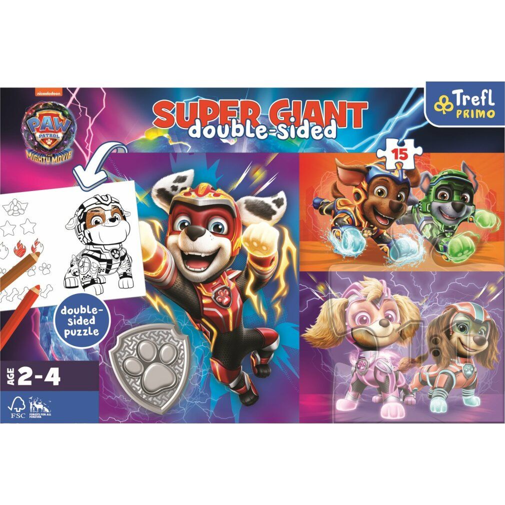 Scatola puzzle Paw Patrol. Scritte: Super Giant, double face, 15 pezzi. Età: 2-4 anni.