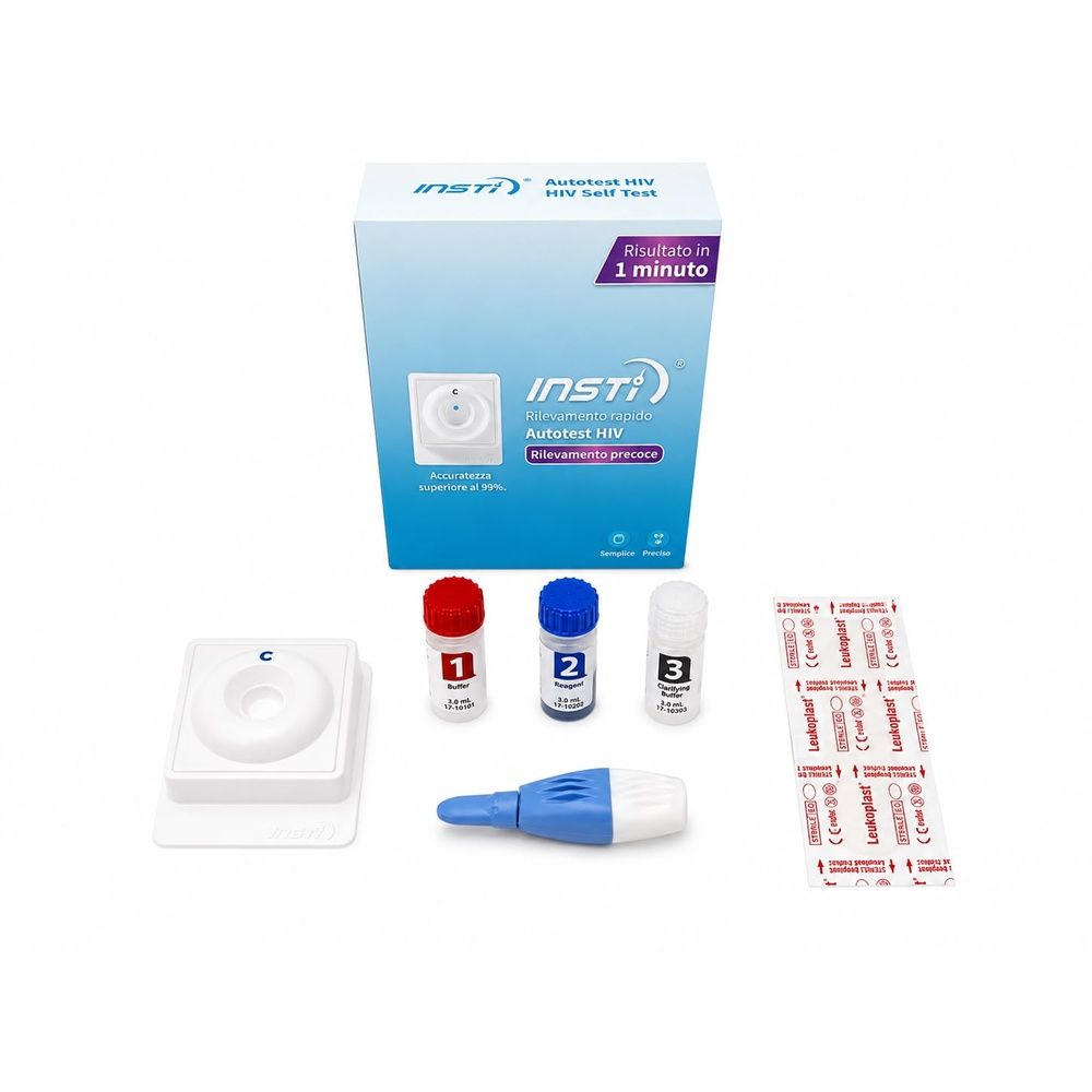 Kit INSTI Autotest HIV: confezione, unità a membrana, 3 fiale, lancetta e tamponi.