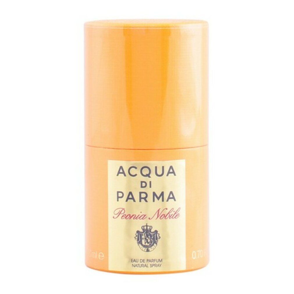 Flacone cilindrico giallo con etichetta. Scritta: ACQUA DI PARMA Peonia Nobile. Eau de Parfum Spray.