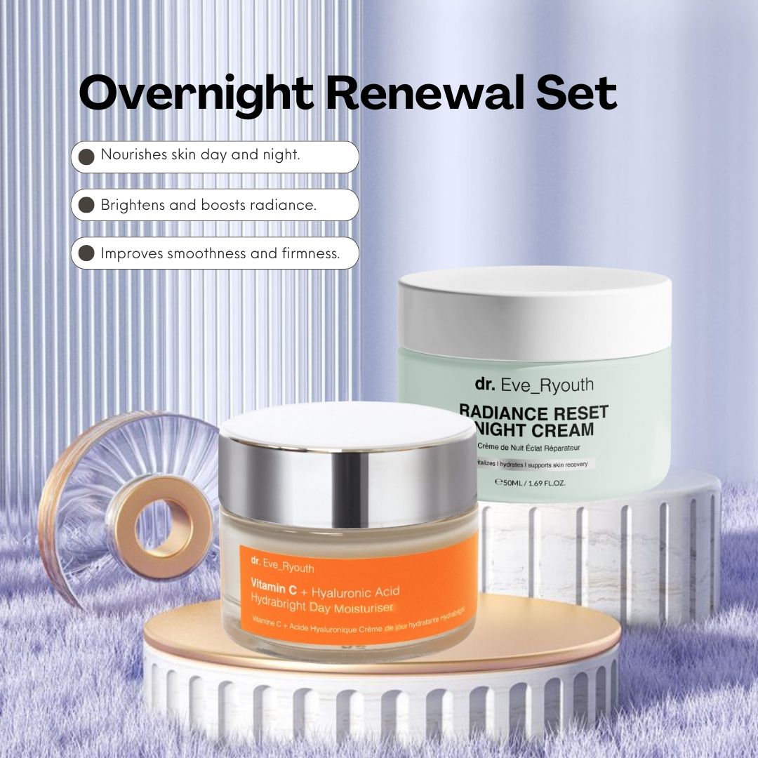Due vasetti di crema: Dr. Eve_Ryouth Radiance Reset Night Cream e Vitamin C Day Moisturizer. Vasetti in vetro con coperchi, su piedistalli.