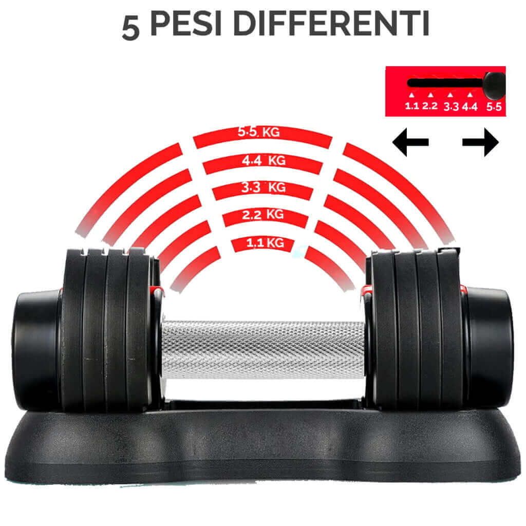 Manubrio con peso regolabile. Scritta: 5 Pesi differenti, da 1.1 KG a 5.5 KG.