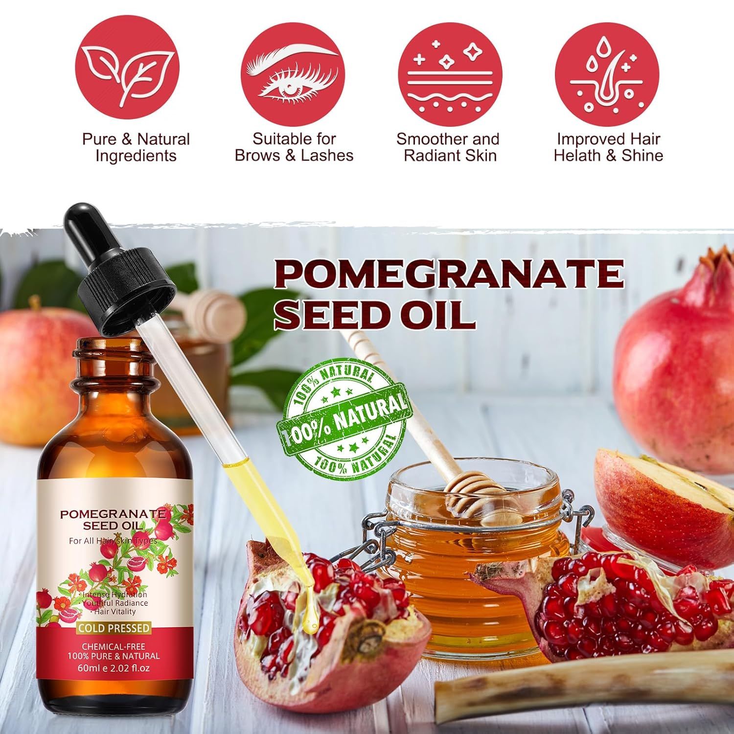 Flacone marrone con contagocce di olio di semi di melograno. Testo: Pomegranate Seed Oil, 100% naturale. Melograno, miele, foglie.
