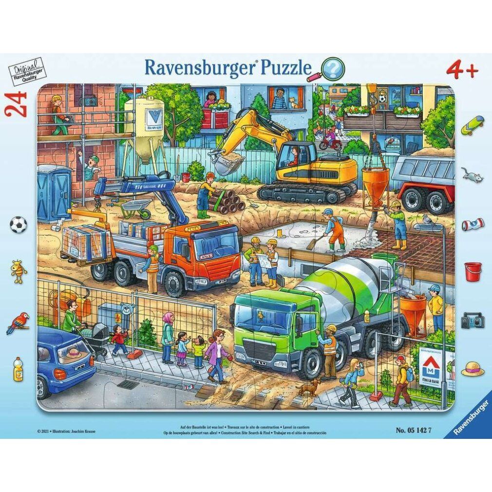 Puzzle "Auf der Baustelle" Ravensburger, 24 pezzi. Per bambini dai 4 anni. Scena di cantiere con operai, veicoli ed edifici. Rettangolare.