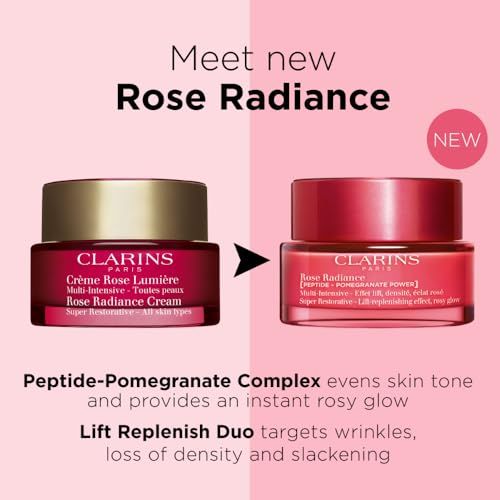 Due vasetti di crema. Scritta: CLARINS PARIS, Rose Radiance. Un vasetto con la scritta Crème Rose Lumière.