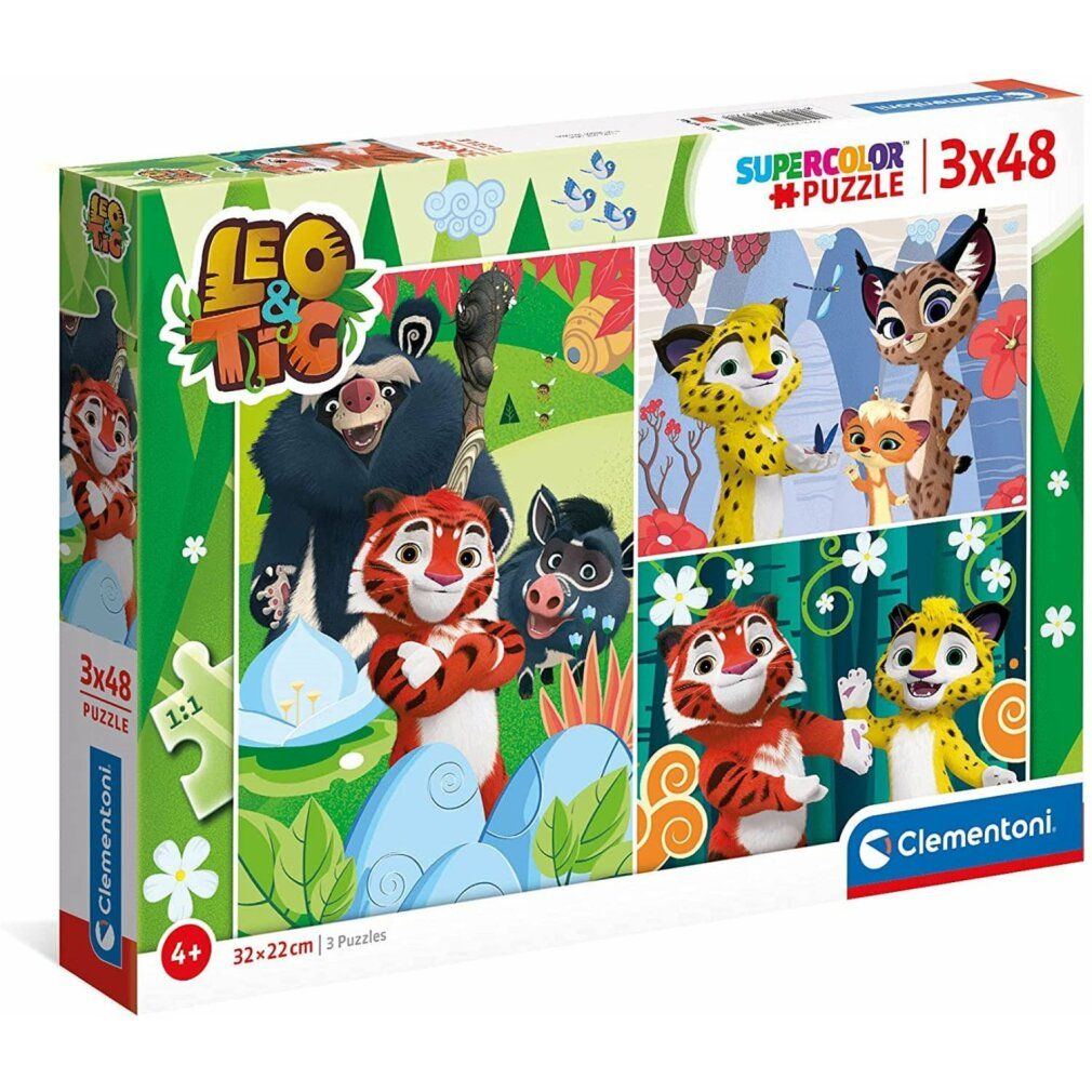 Motivo puzzle con Leo e Tig, due personaggi dei cartoni animati. Tig in giallo, Leo in rosso. Entrambi sorridono e salutano. Sfondo con fiori e viticci.