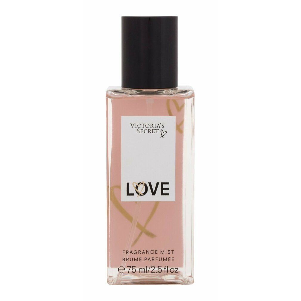Flacone rettangolare con tappo nero. Scritta "Victoria's Secret LOVE". Grafica a cuore dorata. "Fragrance Mist" e indicazione volume.