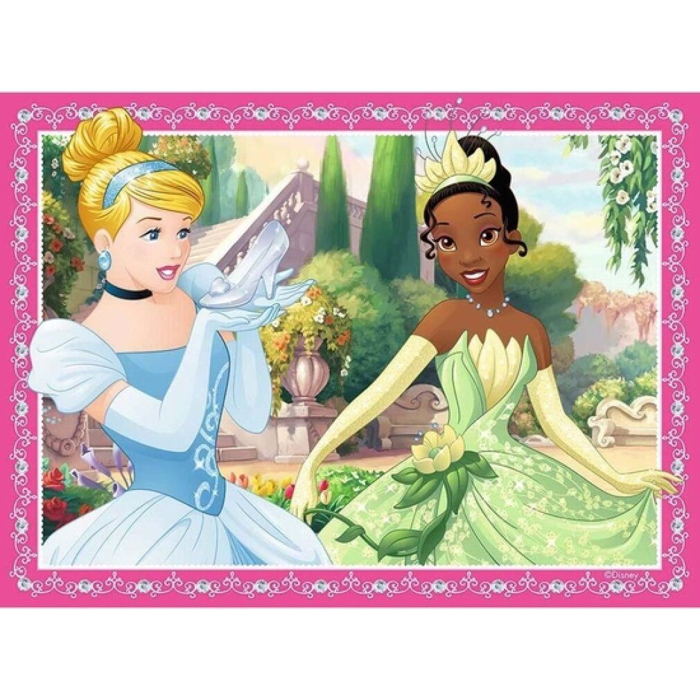 Puzzle con Cenerentola e Tiana. Cenerentola tiene una scarpa, Tiana è accanto. Cornice rosa.