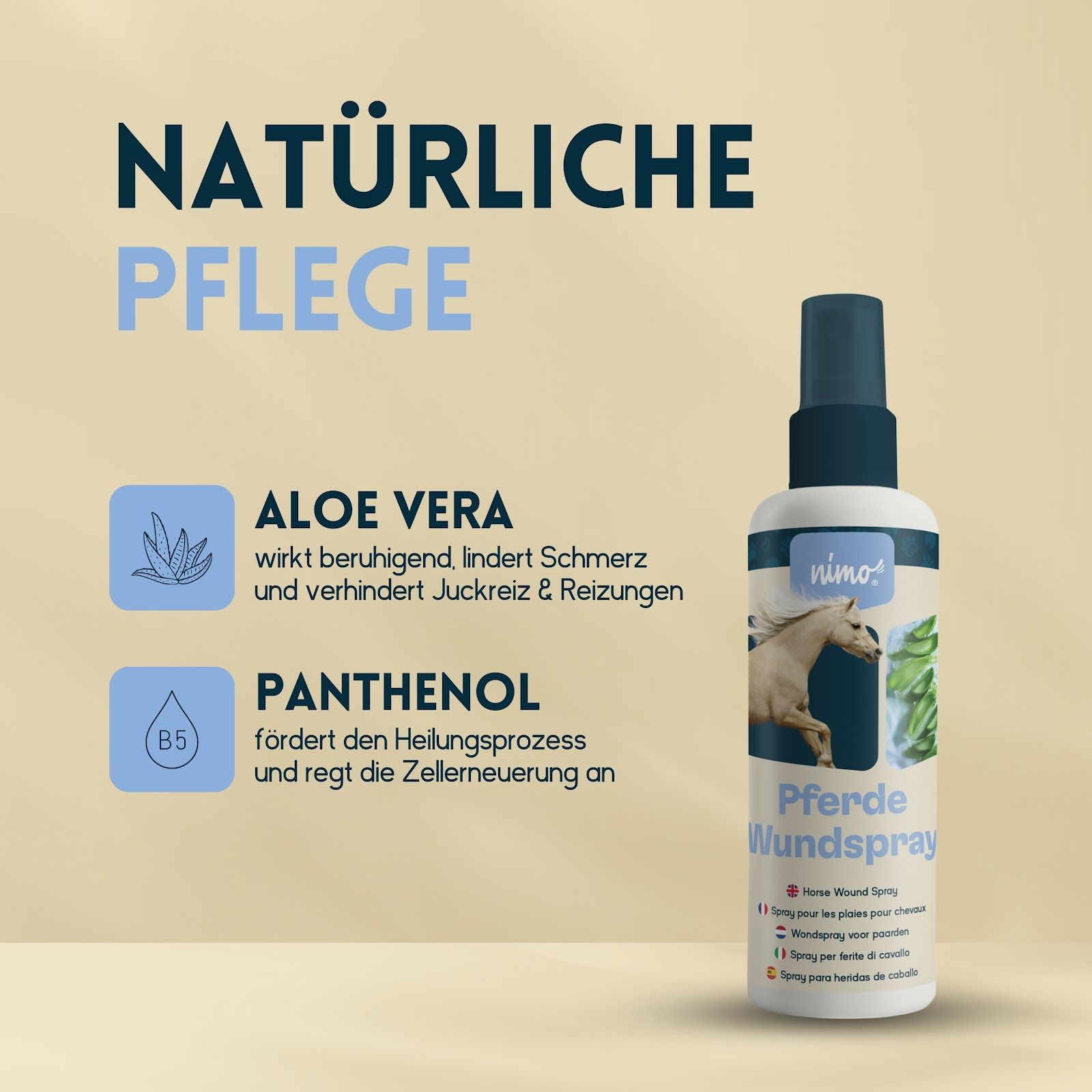 Flacone di Nimo Pferde Wundspray. Testo: CURA NATURALE, Aloe Vera, Pantenolo. Con Aloe Vera e Pantenolo.