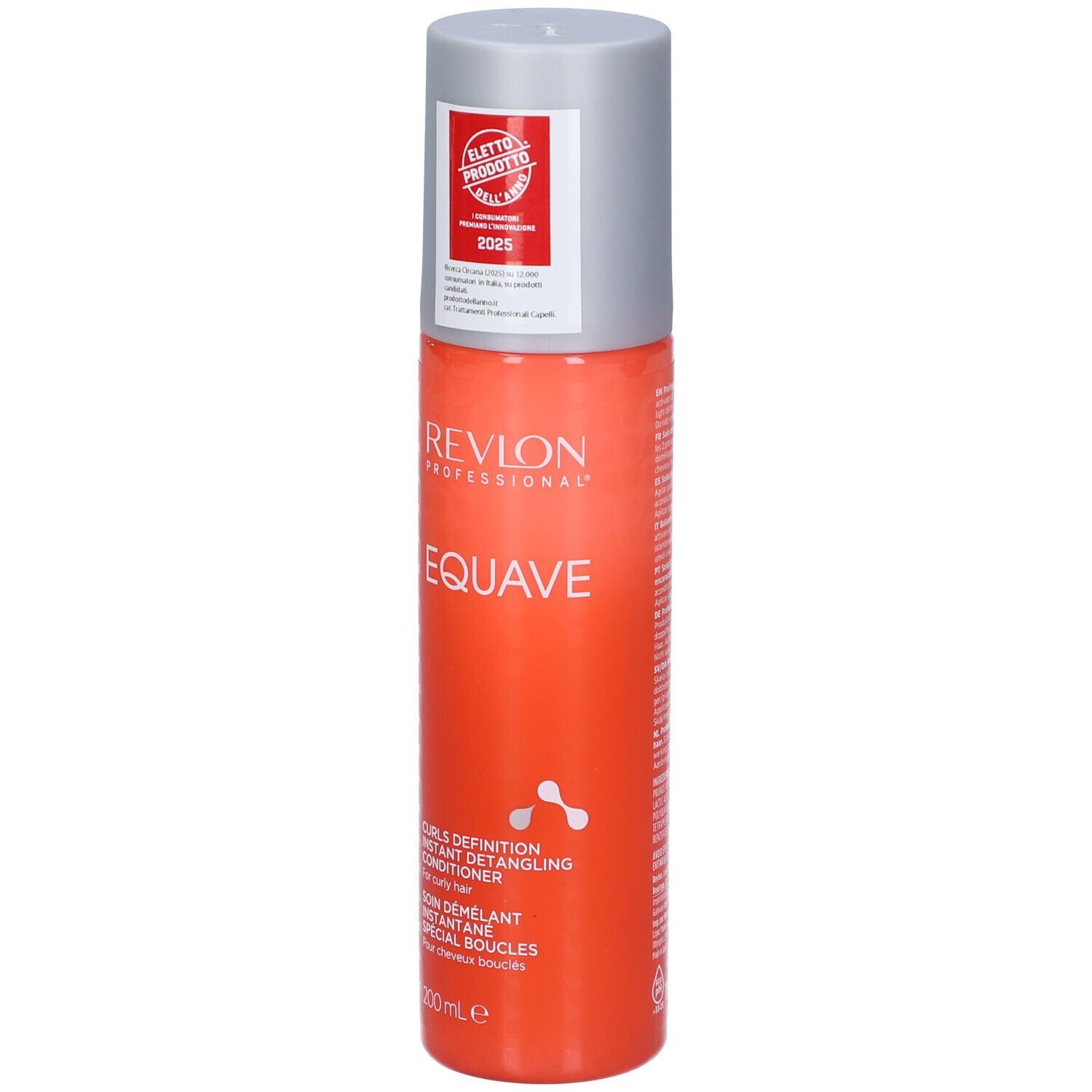 Revlon EQUAVE Curls Detangling Conditioning. Flacone arancione con tappo argento. Testo e logo.