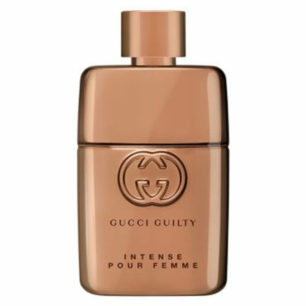 Gucci Guilty Intense Eau de Parfum per Donna. Flacone dorato. Logo Gucci e nome del prodotto visibili.