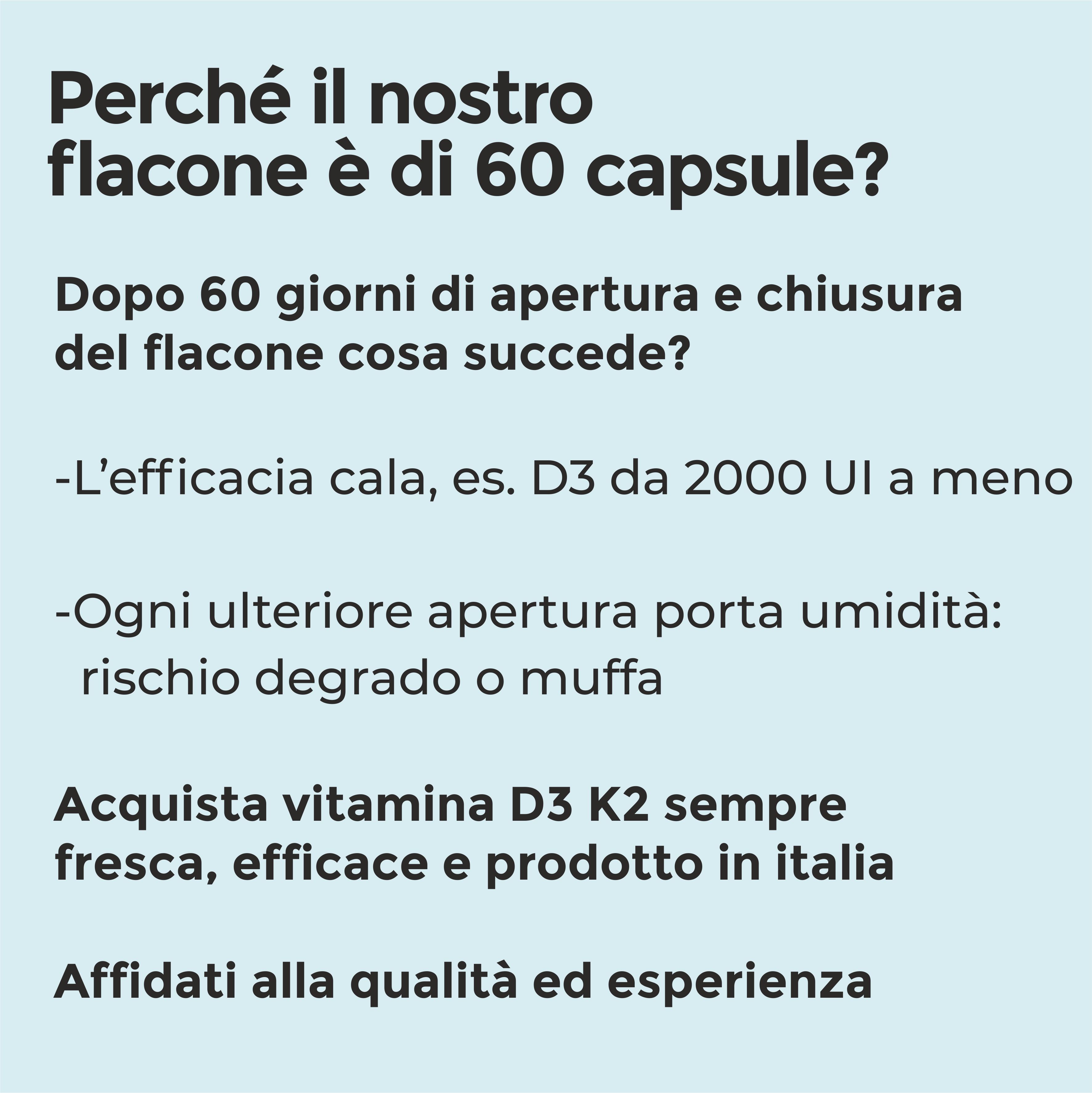 Testo su sfondo blu. Domande sulla durata di 60 capsule. Spiegazioni su efficacia e umidità.