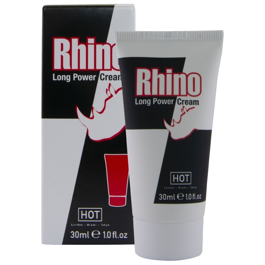 Tubo e scatola di Rhino Long Power Cream con logo rinoceronte e 30ml.
