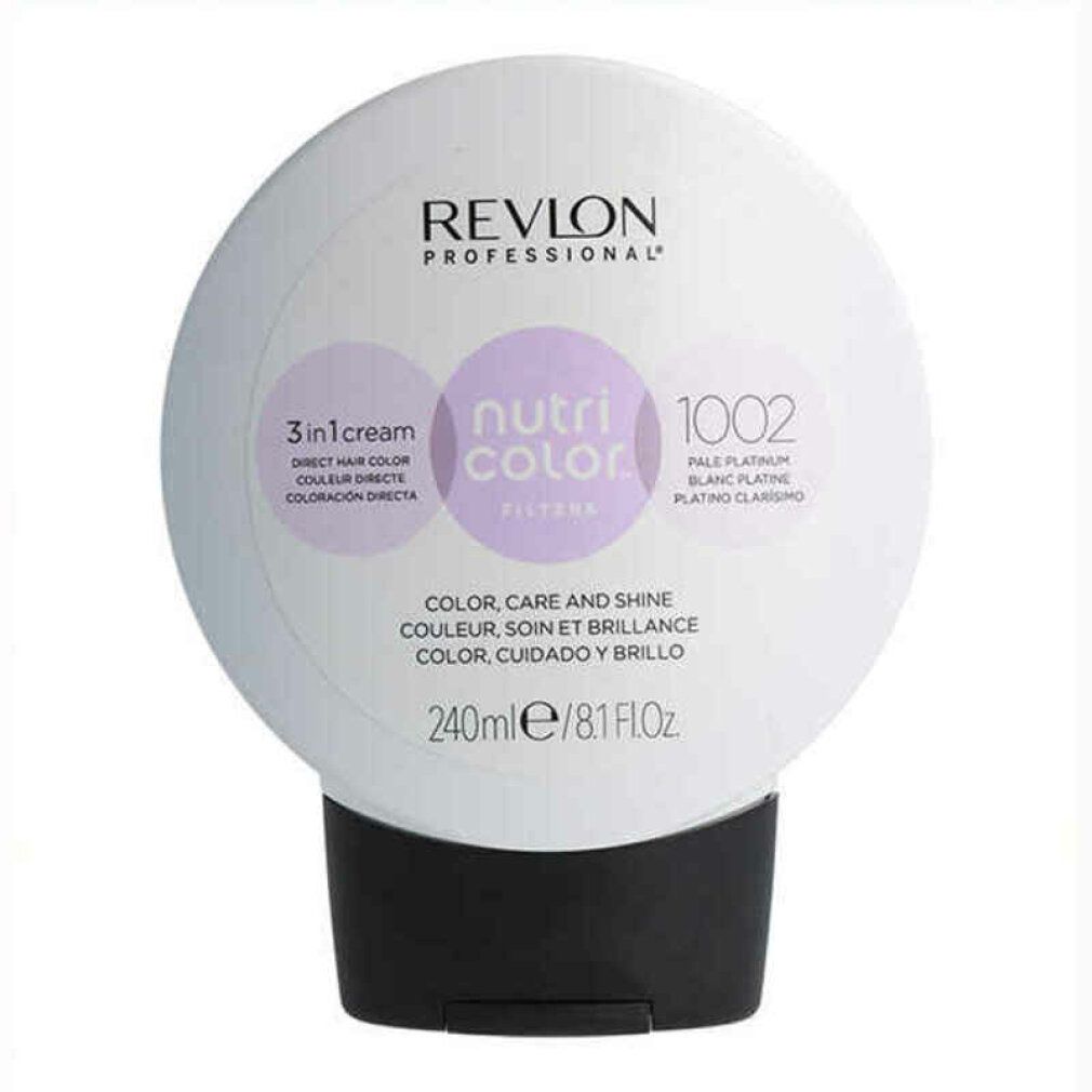 Revlon Nutri Color Filters Tonificante 1002. Bottiglia rotonda con tappo nero. Testo: Revlon, Nutri Color, 3 in 1 cream, 240ml.