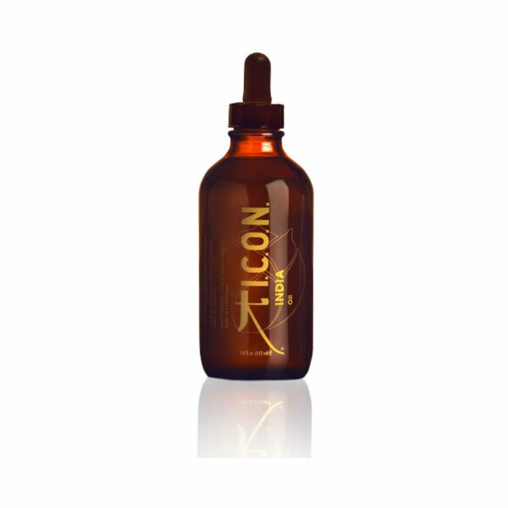 Flacone di vetro marrone con contagocce. Scritta: ICON INDIA OIL.
