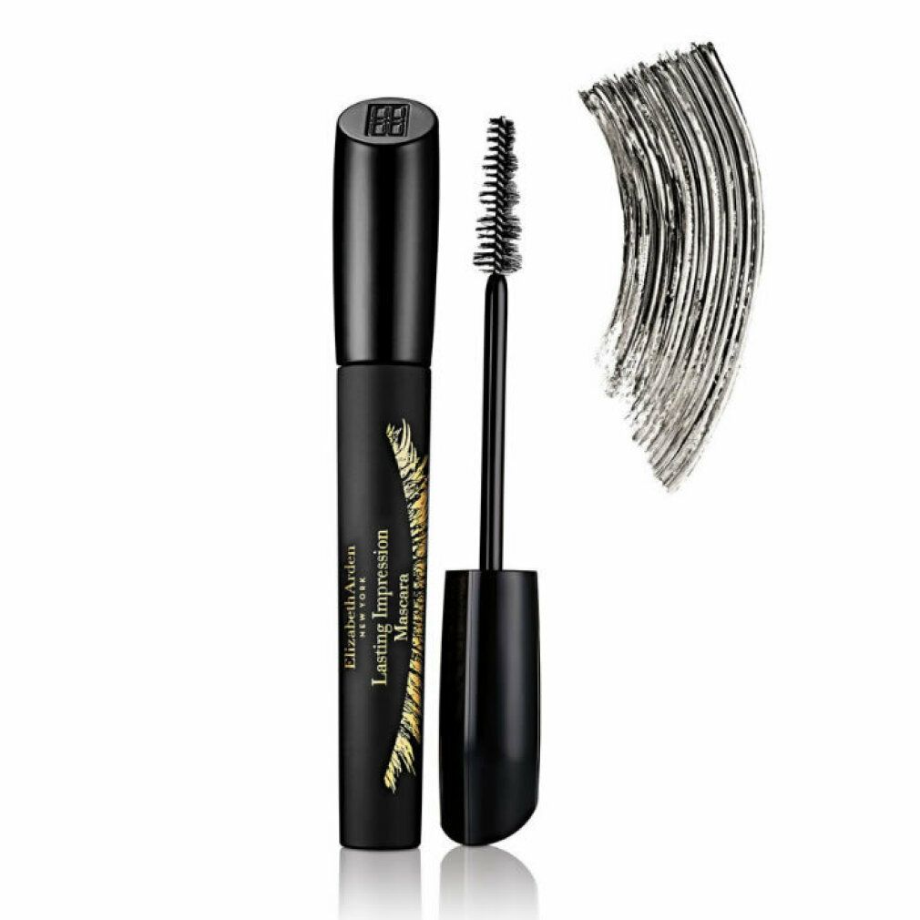 Tubo di mascara nero con spazzola e campione di colore. Scritta: Elizabeth Arden, Lasting Impression Mascara. Colore nero.