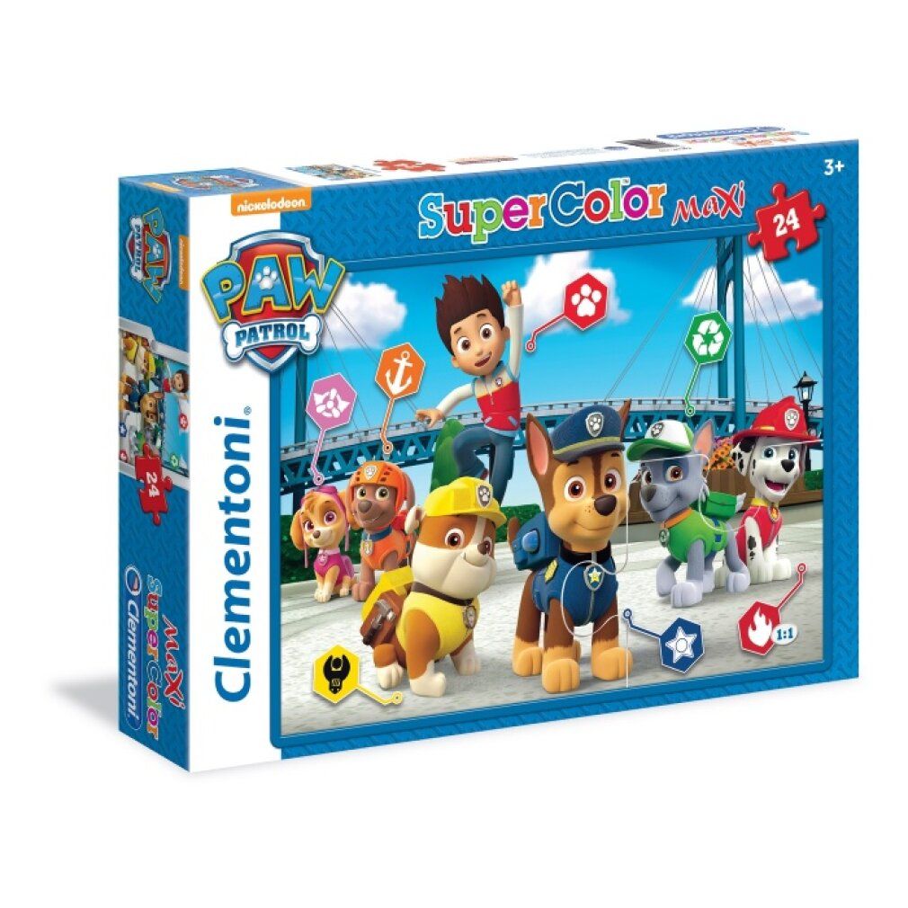 Scatola puzzle Paw Patrol. Scritta: Super Color Maxi, 24 pezzi. Marchio: Clementoni. Età consigliata: 3+.