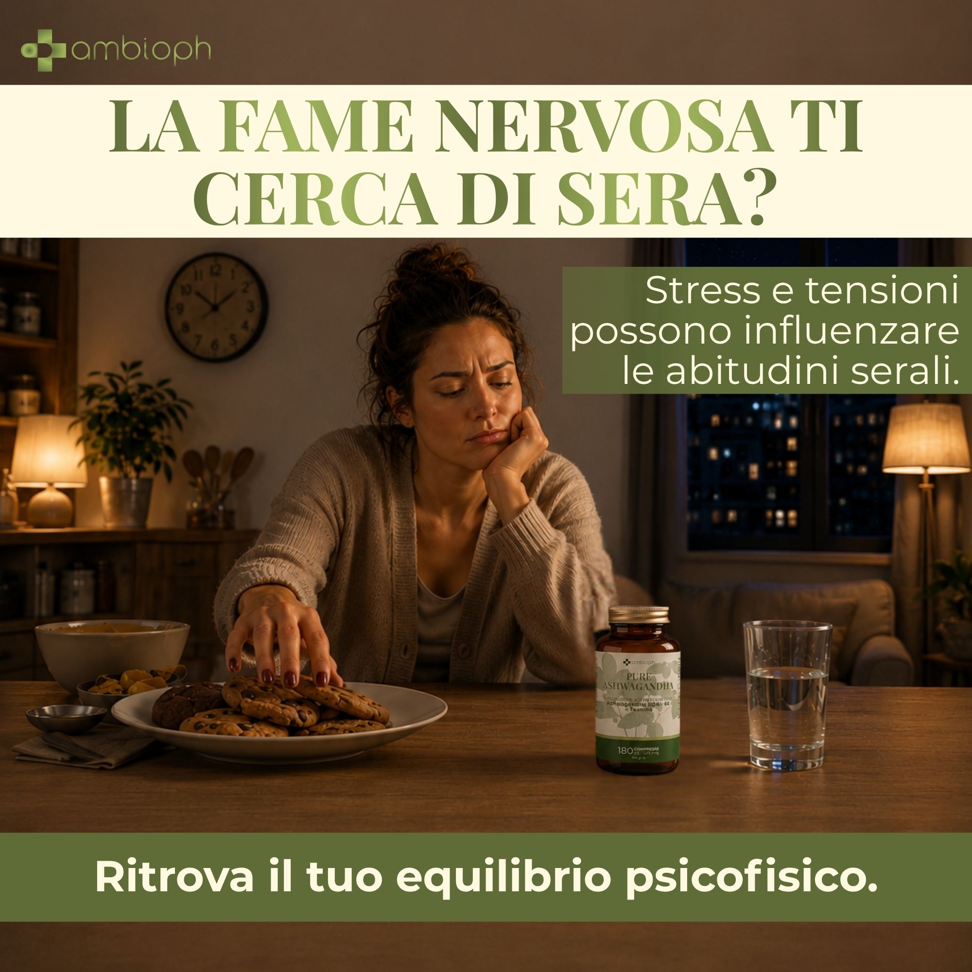 Flacone di capsule di Ashwagandha, circondato da pietre e piante.